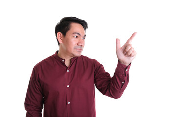 Individual gesturing with a finger raised, expressing an idea or thought, isolated on a white...