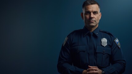 A police officer stands with a serious expression, wearing a dark uniform against a blue background. The setting conveys a sense of authority and readiness to serve the community.
