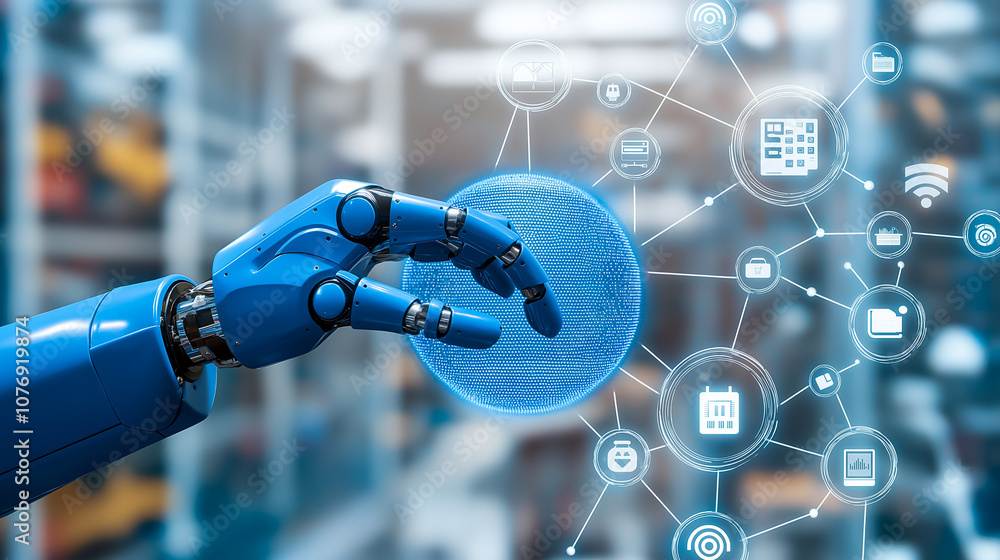 Poster blue robotic arm interacts with digital data icons, symbolizing artificial intelligence and technolo