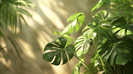 Obraz premium Close-up of Lush Green Tropical Leaves in Sunlight