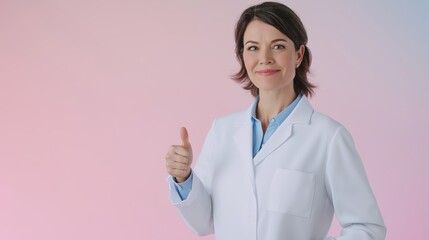 A confident female doctor wearing a white coat stands with a friendly smile, giving a thumbs up. She promotes health awareness and positivity, encouraging wellness among viewers.