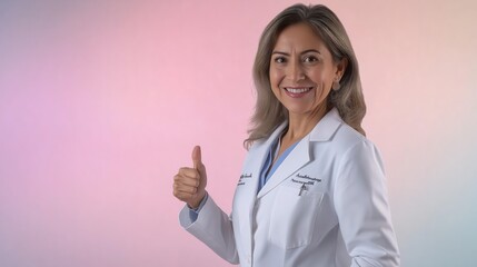 A confident female doctor wearing a white coat stands with a friendly smile, giving a thumbs up. She promotes health awareness and positivity, encouraging wellness among viewers.