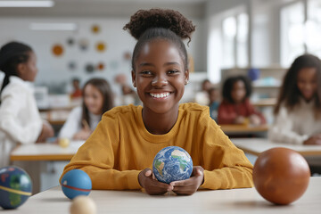 smiling girl in classroom holds globe, surrounded by classmates and planetary models, creating engaging learning environment