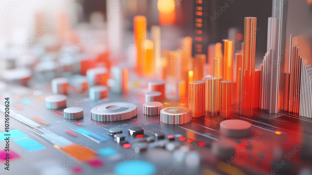 Poster modern control panel managing glowing orange and white charts and graphs