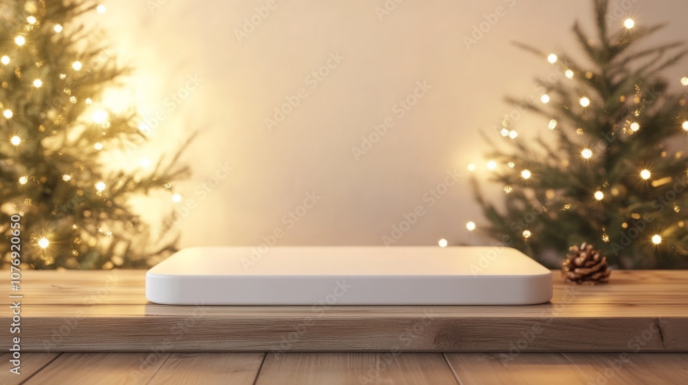 Fototapete A white platform sits on a light brown wooden table. The platform is rectangular and has slightly rounded corners. The platform is positioned in the center of the table.