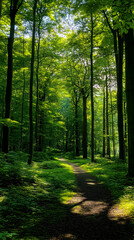 Naklejka premium A sun-dappled path winds through a lush green forest.