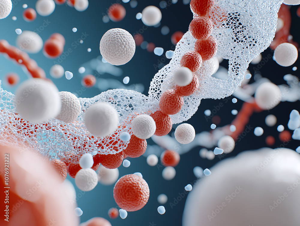 Poster abstract depiction of colorful molecular structure with red and white spheres intertwined in dynamic