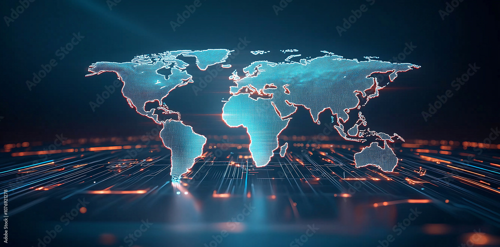 Poster digital world map with glowing lines and global network theme, showcasing futuristic and technologic