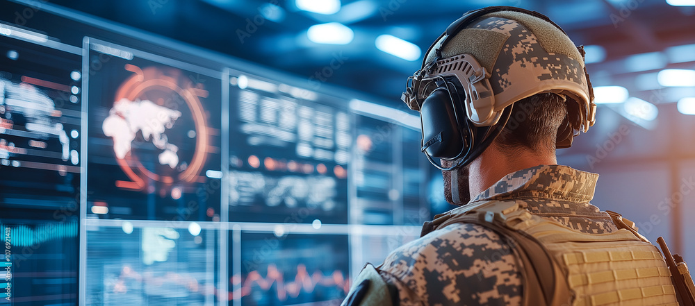 Poster soldier in full gear stands in high tech command center, analyzing digital maps and data on large sc