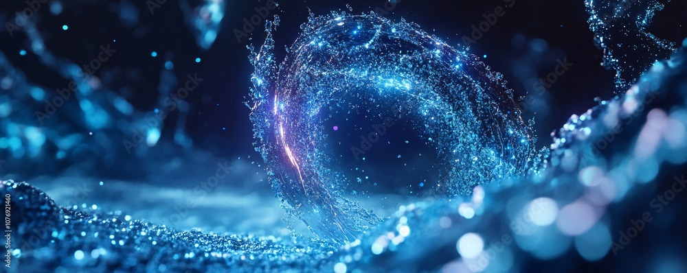 Poster glowing blue water vortex rotating and splashing with magical light streaks