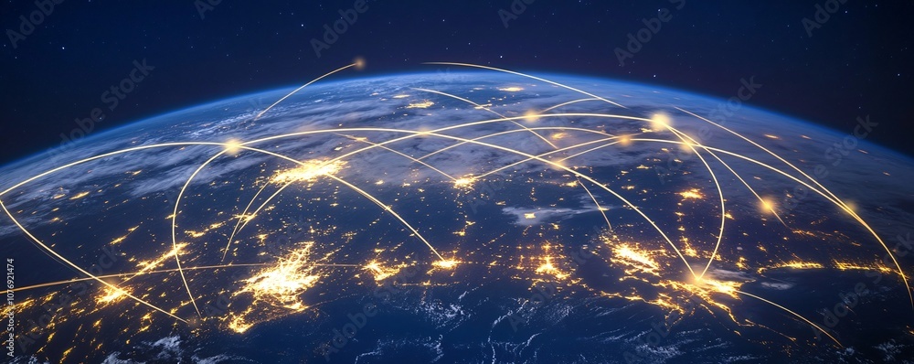Poster planet earth showing global communication network connecting cities