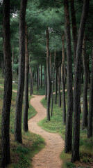 Obraz premium A winding dirt path leads through a dense forest of tall pine trees.