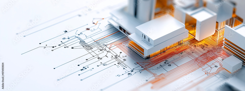 Poster aerial view of modern city blueprint with interconnected circuits and glowing pathways, showcasing f