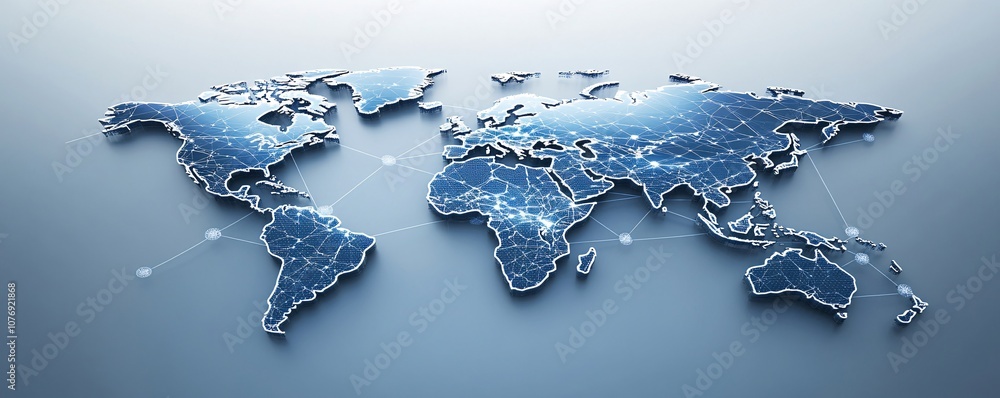 Poster Global network connecting world map continents with futuristic lines and nodes