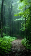 Obraz premium A winding path through a dense, misty forest. (1)