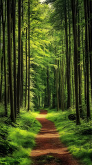 Obraz premium A winding path through a dense forest, sunlight filtering through the leaves, creating a dappled effect on the ground.