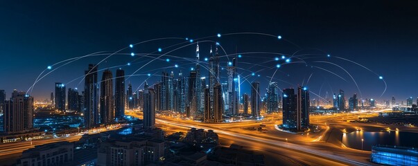 Network connecting buildings in illuminated dubai skyline at night