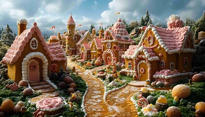 Gingerbread House Competition, elaborate gingerbread village with colorful candy decorations, playful designs, and miniature frosting-coated houses. 