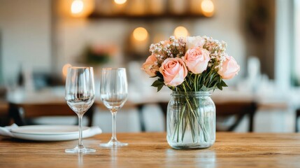 Fototapeta premium A rustic wooden table featuring a mason jar of pink roses and baby breath, with two empty wine glasses, perfect for romantic or wedding themes.