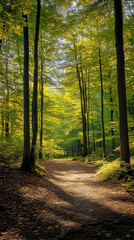 Obraz premium A winding path through a sun-dappled forest, with trees reaching towards the sky and sunlight illuminating the way ahead.