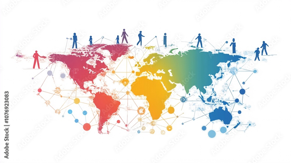 Poster people connecting and sharing over a colorful world map