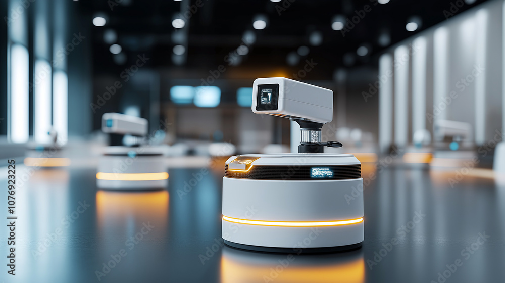Poster autonomous robots with glowing lights operate efficiently in modern industrial setting, showcasing a