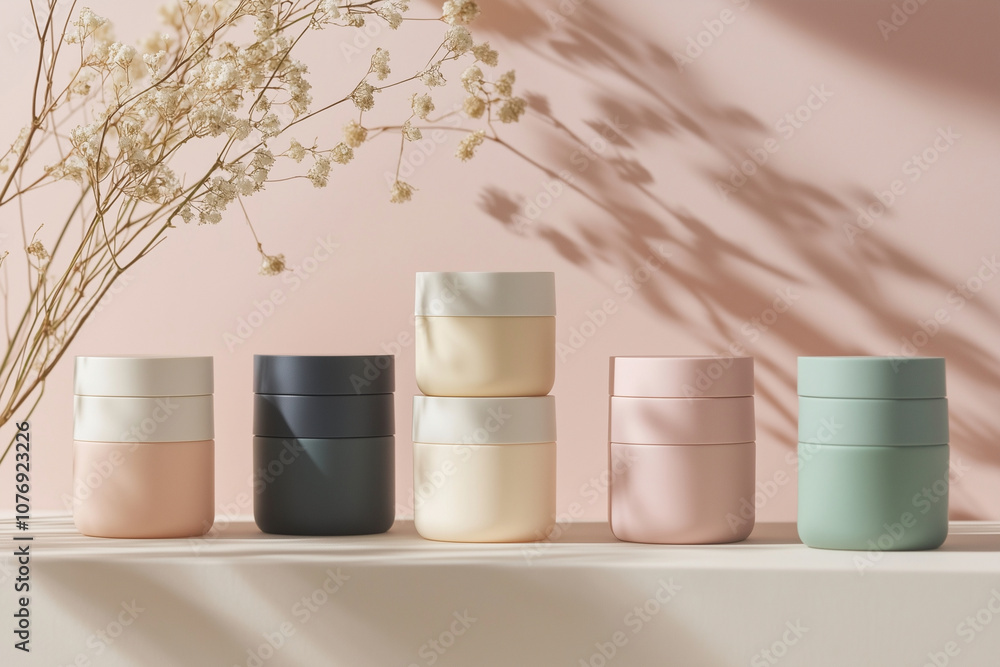 Poster row of containers with different colors and sizes, arranged on a table. the containers are made of g
