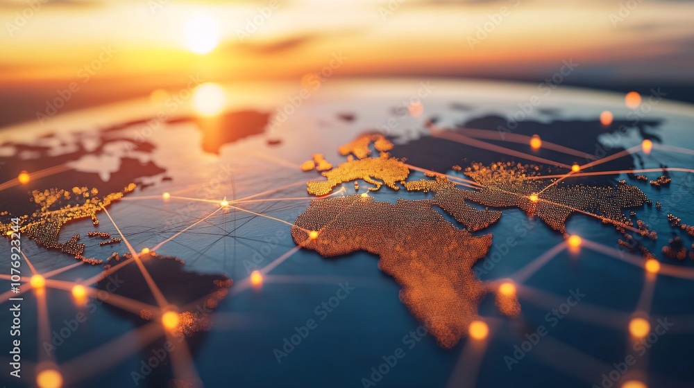 Aufkleber global network connecting world continents at sunset: international communication and data exchange