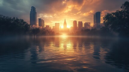 Fototapeta premium A flooded city skyline with iconic landmarks serves as a stark warning about the future effects of climate change