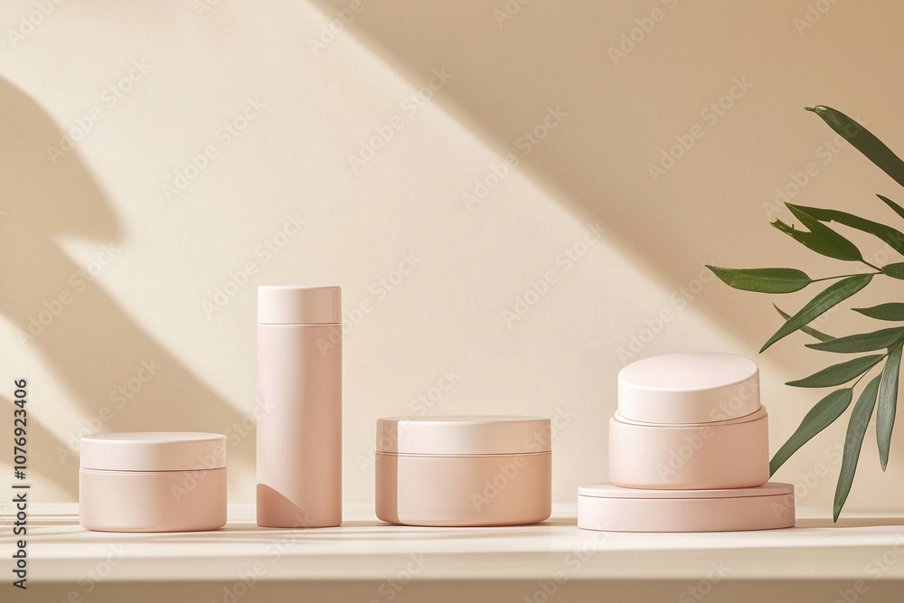 Poster row of containers with different colors and sizes, arranged on a table. the containers are made of g