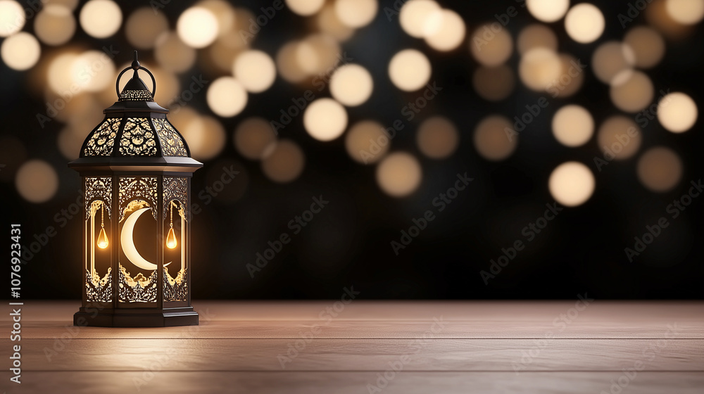 Poster ornate lantern with crescent moon design glows warmly against bokeh background, creating serene and 