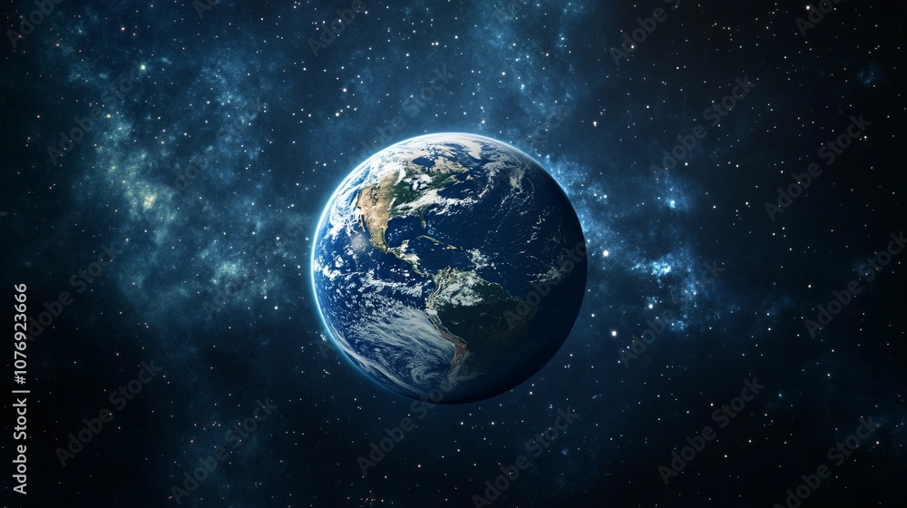 Poster planet earth rotating in the outer space surrounded by stars and nebulae