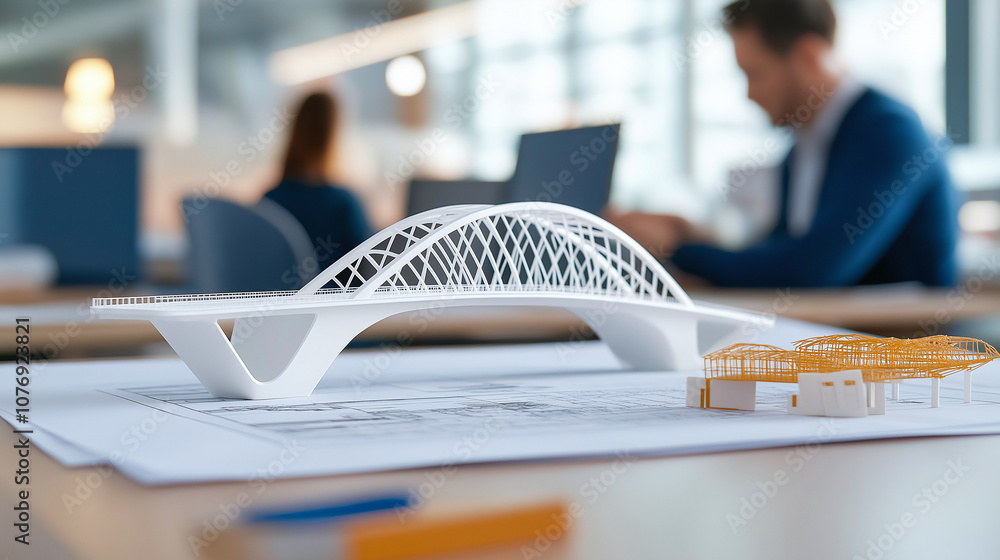 Poster detailed architectural model of bridge sits on desk with blueprints, showcasing intricate design and