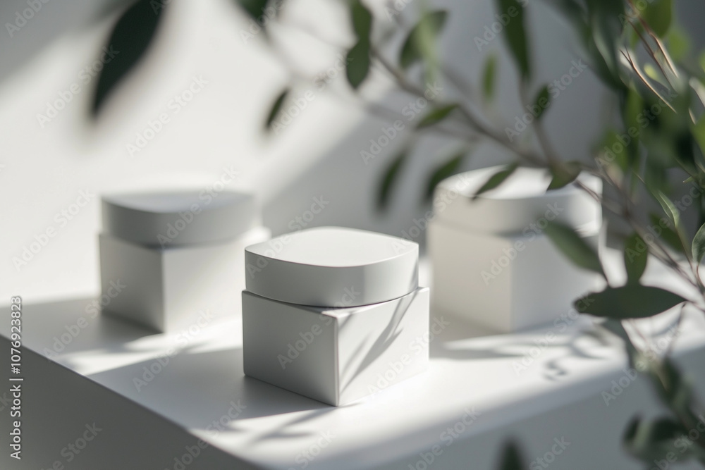 Aufkleber three white containers with a green leaf in the background. the idea of the image is to show the con