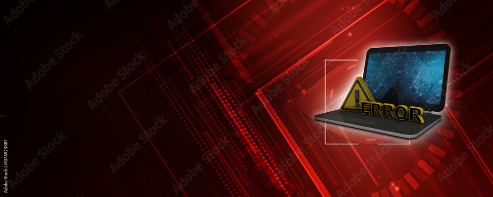 Poster 3d rendering exclamation sign with error in laptop
