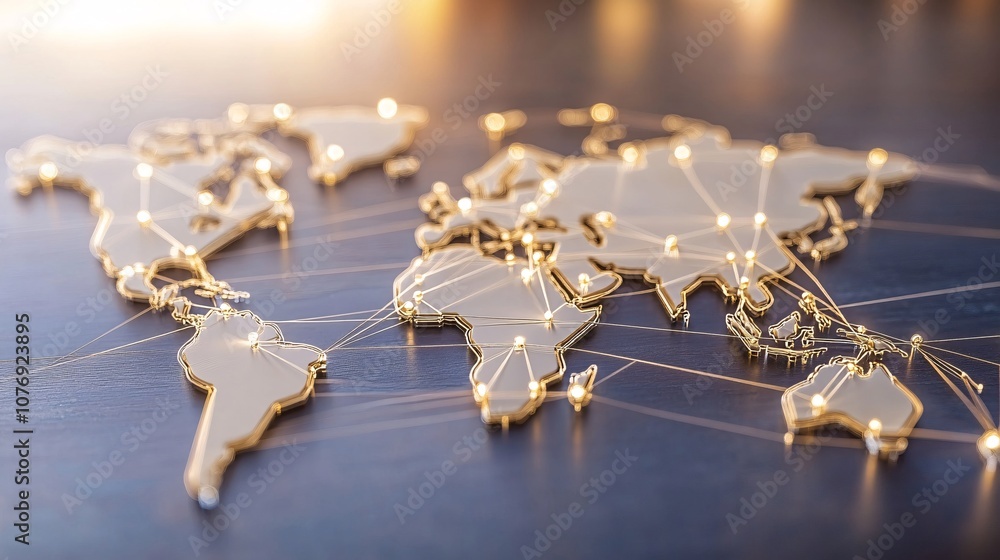 Poster golden world map showing connections between continents and countries
