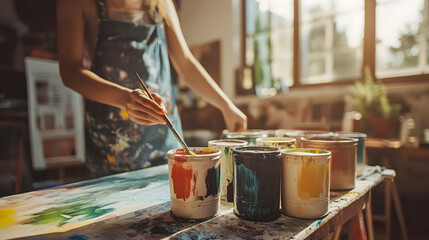 Obraz premium Artist in a Bright Studio Using a Paintbrush on a Canvas Surrounded by Colorful Paint Cans, Capturing Creative Process in Art Making and Inspiration