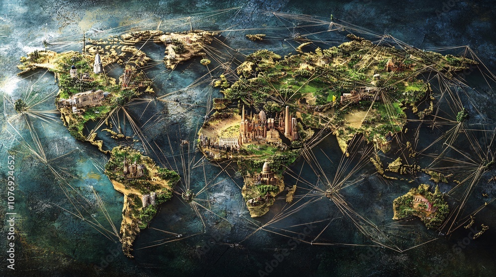 Poster world map showing connections between famous monuments and cities around the globe