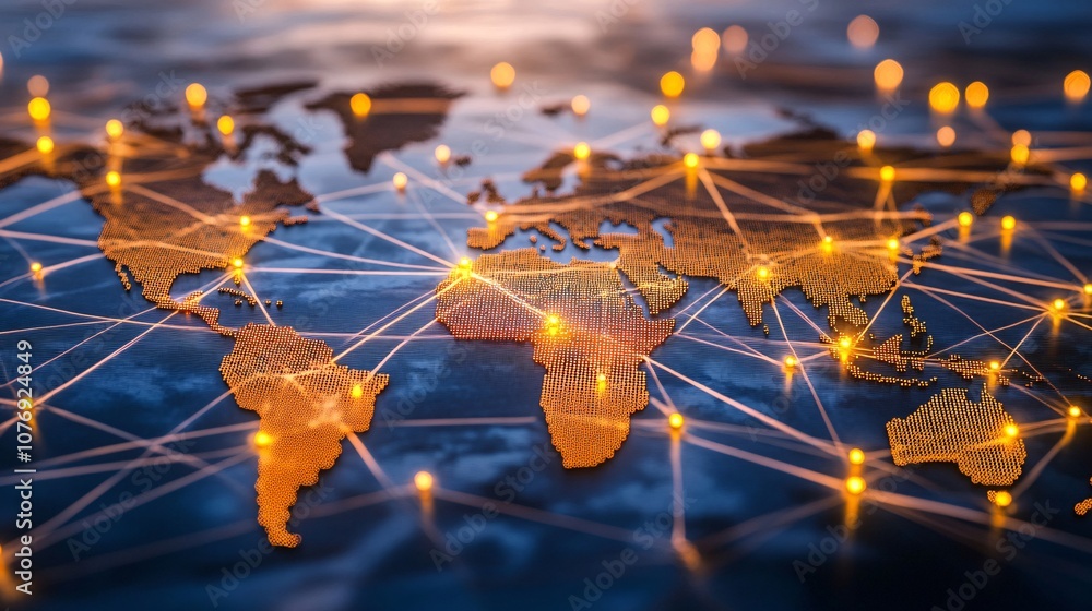Fototapete global communication network connecting world continents with data flow