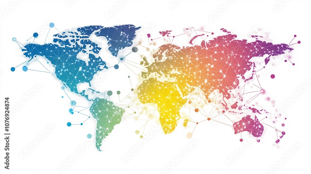 Aufkleber Global network connecting world map with nodes and lines representing international communication