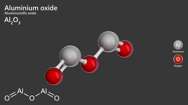 Aluminium Oxide. Animated 3D model of a molecule. Molecular formula: Al2O3. Chemical model: Ball and sticks. Gray background. 3D rendering. Seamless loop.