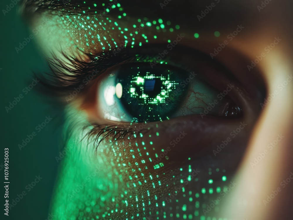 Aufkleber human eye close-up on green tech background, hacker face and digital data pattern. concept of cyber 