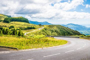 A view of the road beside the rim of the Furnas Caldera on the island of Sao Miguel in the Azores...