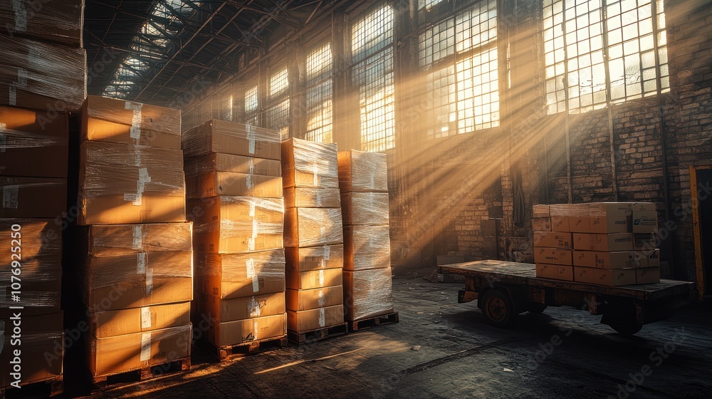 Poster sunlight streams through the windows of a warehouse, illuminating stacks of cardboard boxes.