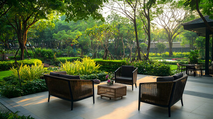 Obraz premium Outdoor patio with wicker furniture and a lush green garden.