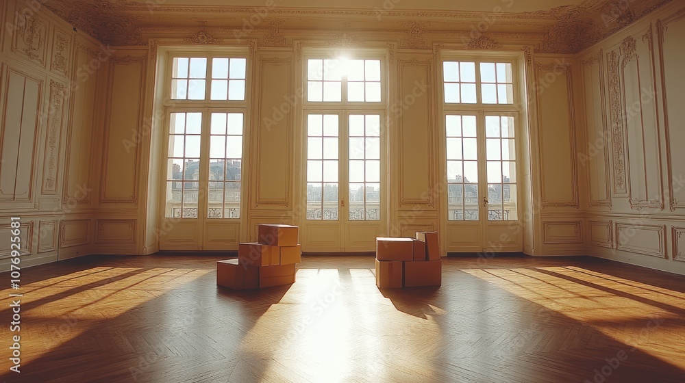 Poster sunlit empty room with large windows and cardboard boxes.