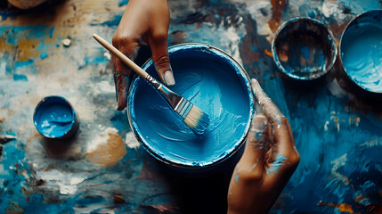 Obraz premium Close-Up View of Hands Holding a Brush and Mixing Bright Blue Paint in a Bowl Surrounded by Colorful Art Supplies on a Stained Table Surface