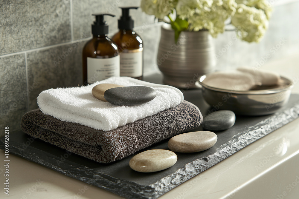 Poster table with a bunch of white towels and a few rocks. the towels are folded and stacked on top of each