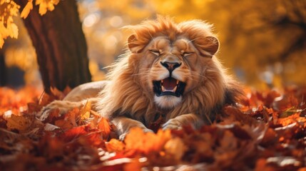 Portrait of happy lion rejoices in autumn.
