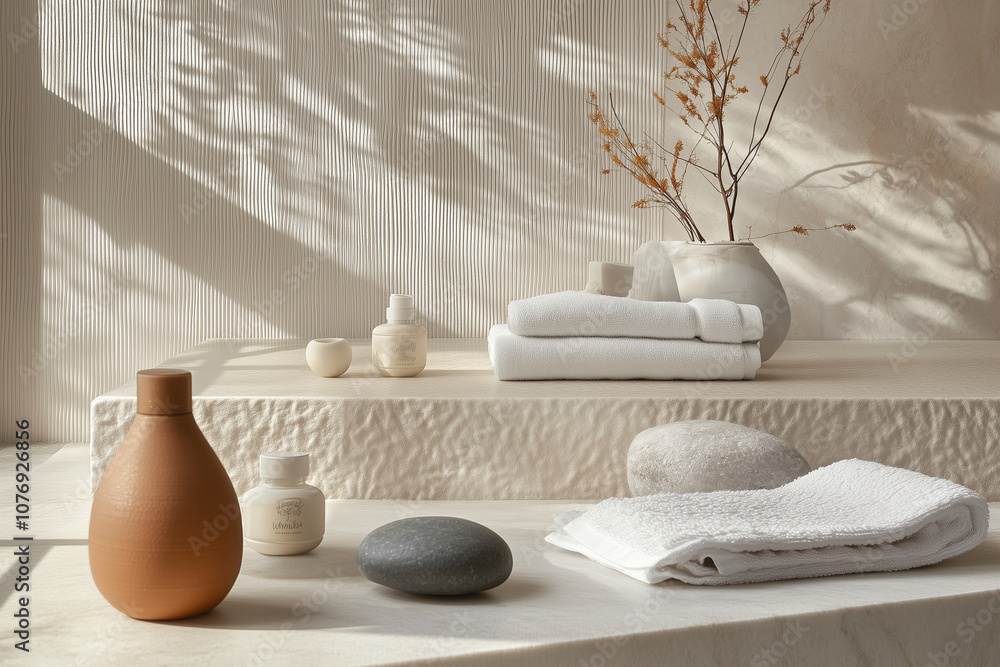 Poster table with a bunch of white towels and a few rocks. the towels are folded and stacked on top of each